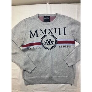boohooMAN Mens Gray Roman Numeral Graphic Crewneck Knit Sweater Size M MMIIII
